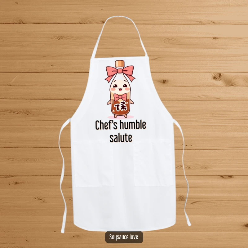 Funny anthropomorphic soy sauce bottle performing an exaggerated bow, featured on a functional apron for humorous cooking activities.