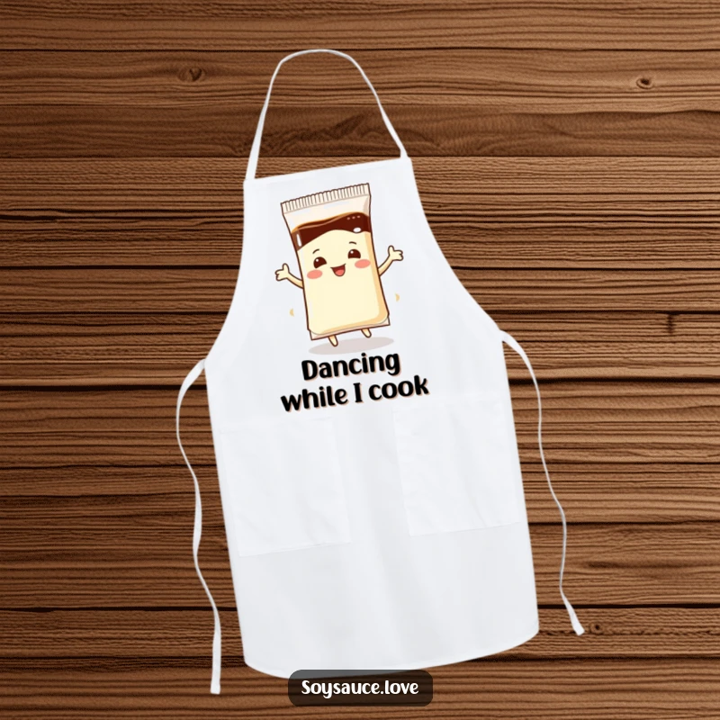 Funny Apron: A chef's accessory featuring a soy sauce packet in a dynamic dance pose, adding fun to cooking.