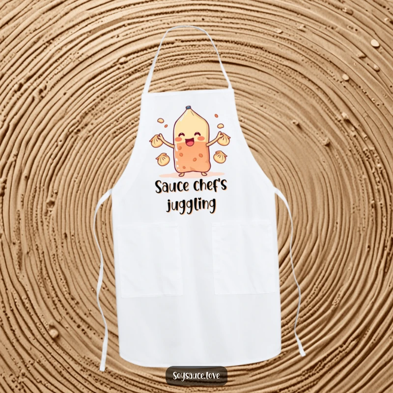 Funny soy sauce sachet character juggling dumplings with stubby arms, featured on a functional apron for humorous kitchen activities.