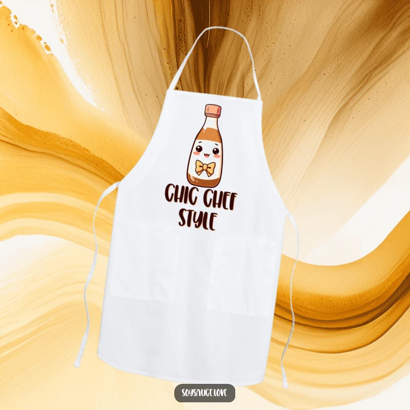 Funny Kawaii soy sauce bottle in a bow tie bowing gracefully on a kitchen apron.