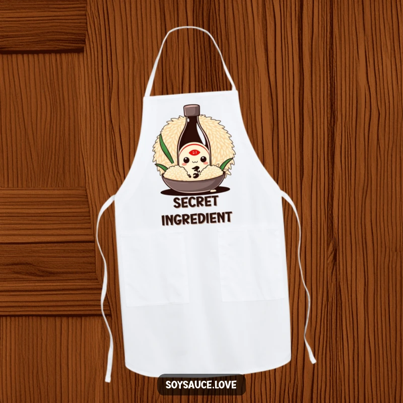 Funny Kawaii apron showcasing a cute soy sauce bottle character hiding behind a large grain of rice, perfect for a humorous and functional kitchen accessory.