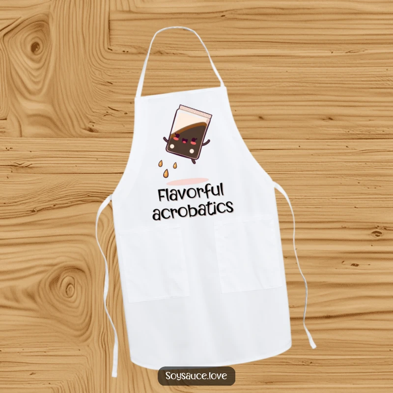 Funny apron with a kawaii soy sauce packet doing a cartwheel, leaving a trail of droplets, ideal for a humorous cooking experience.