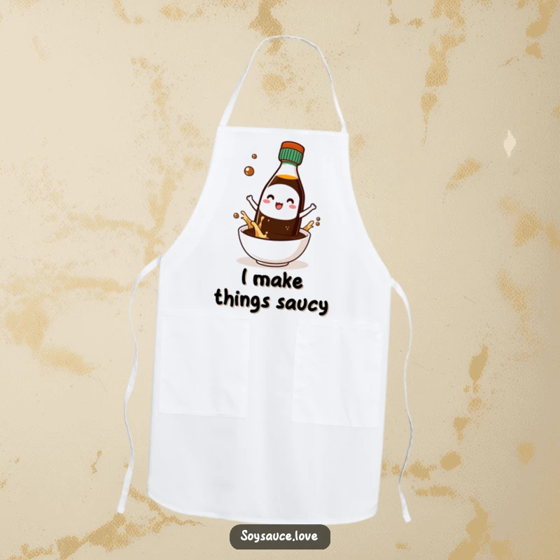 Funny apron showcasing a kawaii soy sauce bottle character joyfully splashing into a tiny bowl, ideal for cooking.