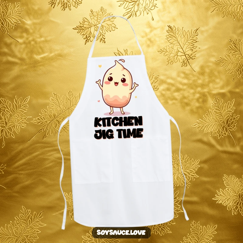 Funny Kawaii soy sauce character doing a silly jig on a kitchen apron, ready for culinary fun.
