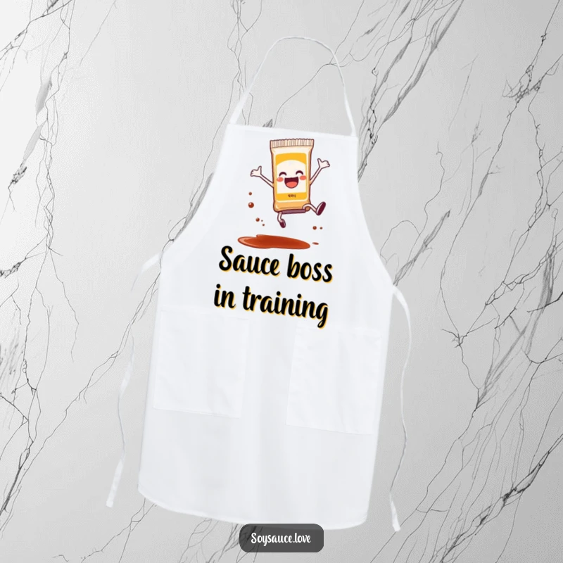 Funny anthropomorphic soy sauce packet doing a joyful cartwheel, with a tiny bit of splatter, practical and humorous kitchen apron.