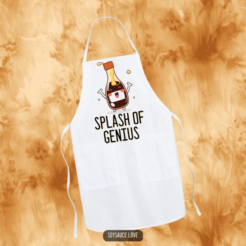 Funny kawaii soy sauce bottle apron, illustrated with an energetic bottle pouring a splash of sauce, perfect for humorous cooking sessions.