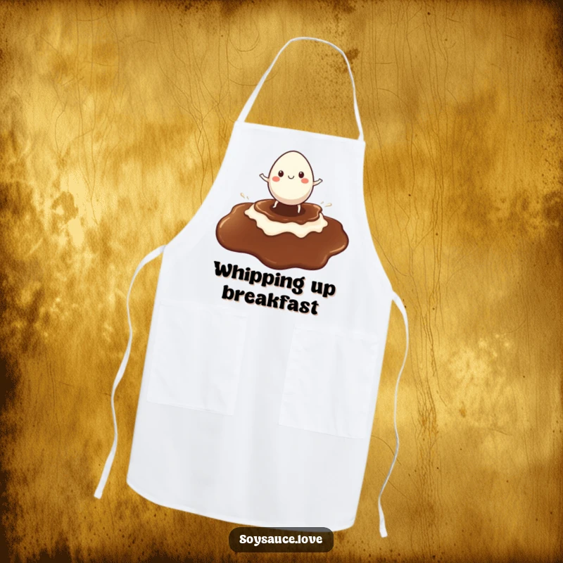 Funny apron featuring a cheerful egg character surfing a soy sauce puddle, perfect for adding fun to cooking and baking.