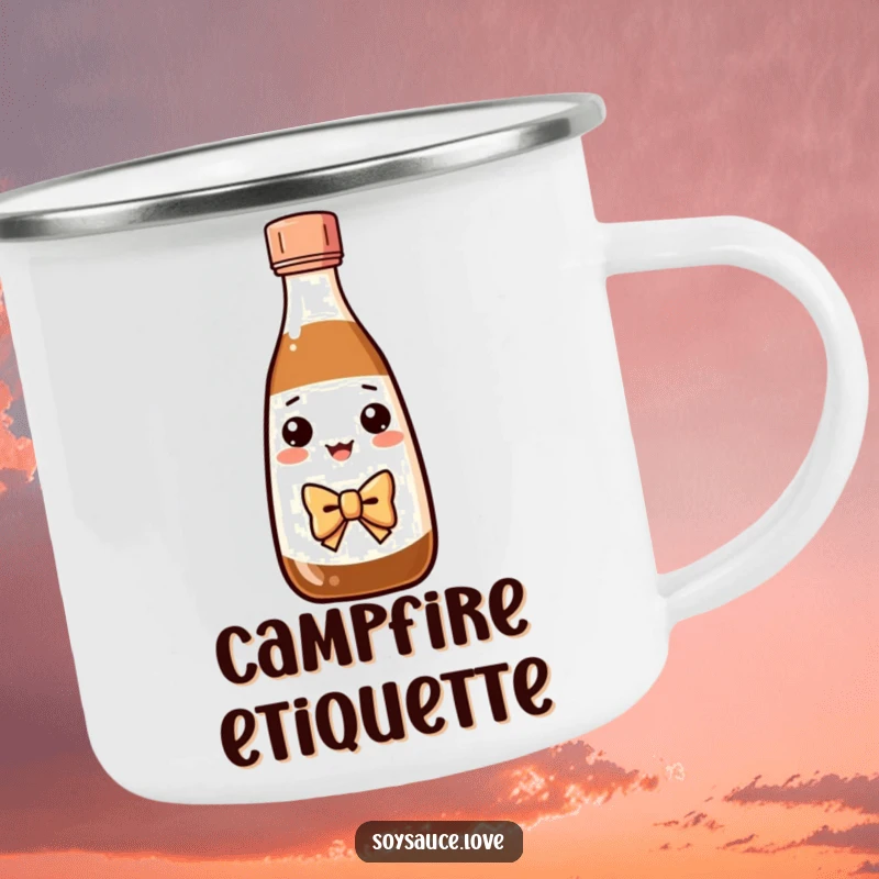 Funny Kawaii soy sauce bottle with a bow tie bowing on a rugged camping mug.