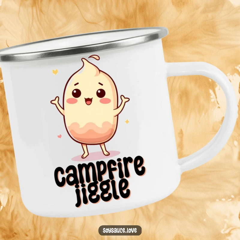 Funny Kawaii soy sauce character doing a silly jig on a rugged camping mug, bringing joy outdoors.