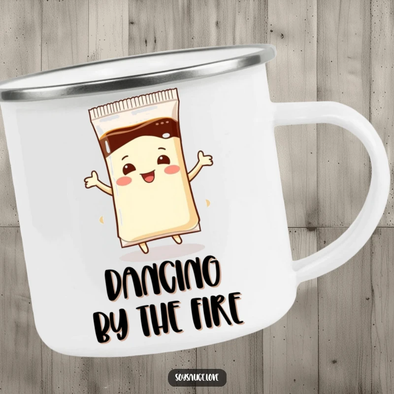 Funny Camping Mug: A sturdy enamel cup with a soy sauce packet dancing joyfully, perfect for outdoor enjoyment.