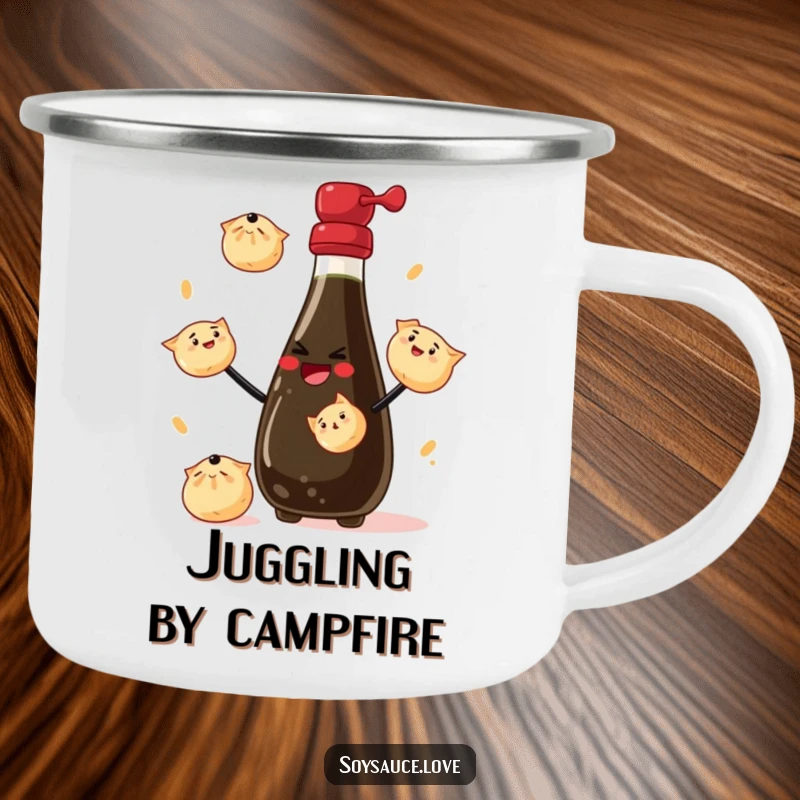 Funny Camping Mug: A sturdy enamel cup with a smiling soy sauce bottle juggling dumplings, perfect for outdoor enjoyment.