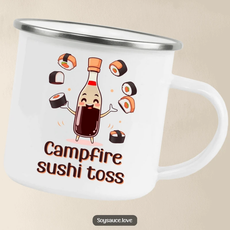 Funny soy sauce camping mug featuring a smiling bottle character juggling sushi pieces, perfect for outdoor dining.