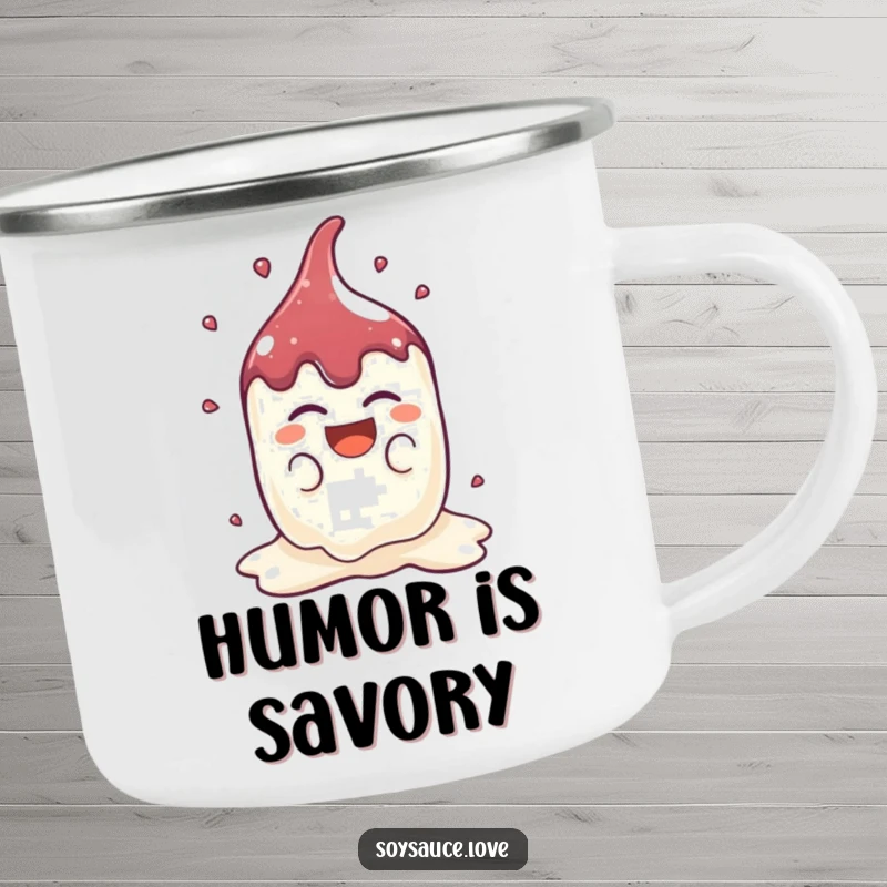 Funny Kawaii Soy Sauce Camping Mug: A cute soy sauce splat character laughs heartily, making outdoor drinks fun and spirited.