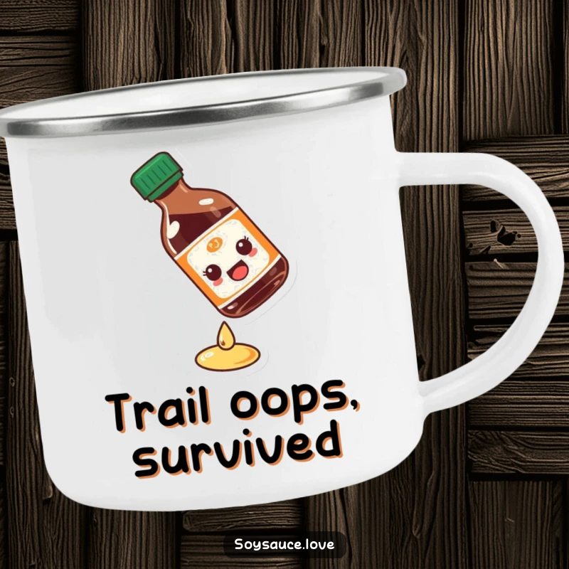 Funny soy sauce bottle camping mug capturing a comical slip, ideal for outdoor lovers who appreciate a good joke.