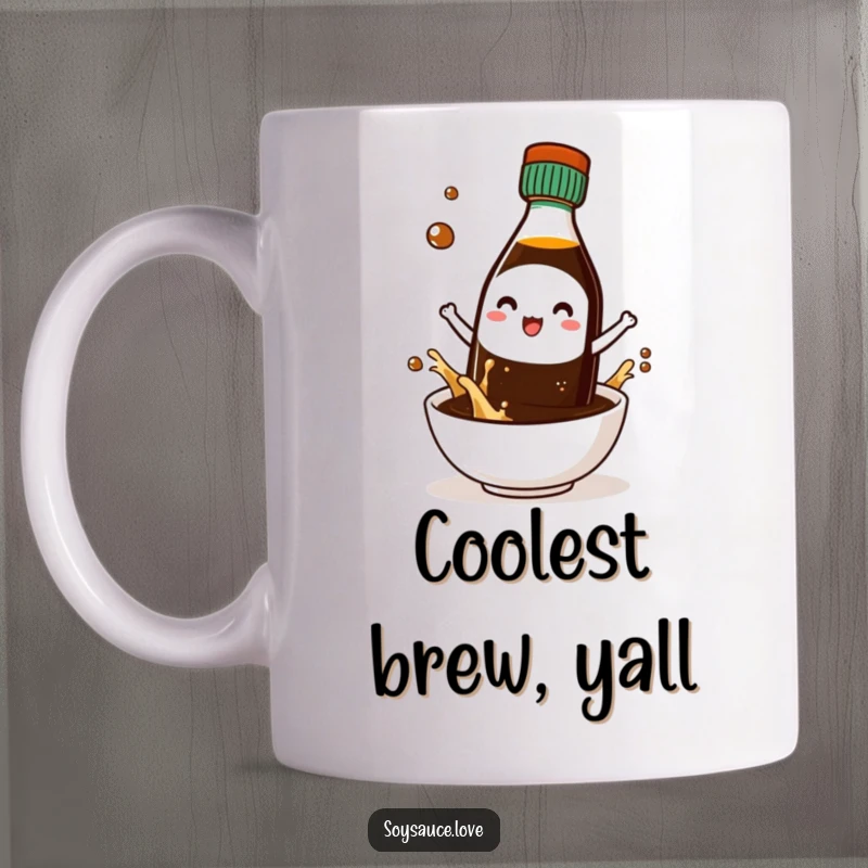 Funny mug with a kawaii soy sauce bottle character wearing tiny sunglasses, looking effortlessly cool and stylish.