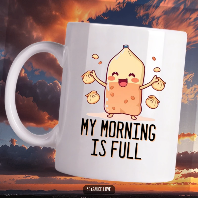 Funny soy sauce sachet with stubby arms juggling small dumplings, depicted on a mug for a humorous and skillful display.