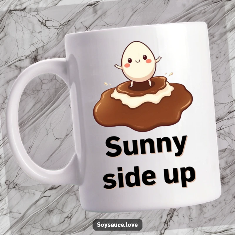 Funny mug featuring a cheerful egg character joyfully surfing on a giant puddle of soy sauce, embracing the ride.