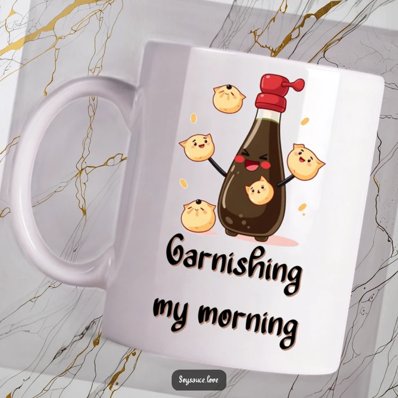 Funny Mug: A grinning soy sauce bottle expertly juggles tiny dumplings, showcasing a fun, foodie talent.