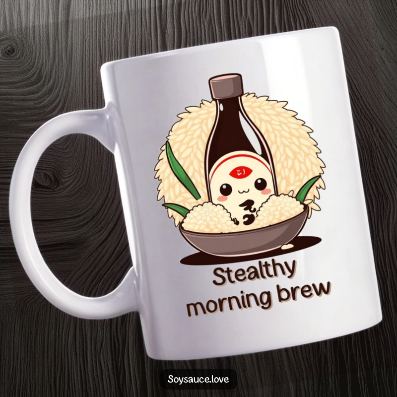 Funny Kawaii mug with a cute soy sauce bottle character shyly hiding behind a giant grain of rice, creating a humorous and charming scene.
