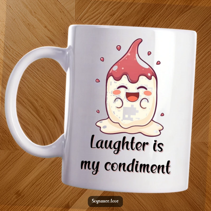 Funny Kawaii Soy Sauce Splat Mug: A cute soy sauce splat character laughs heartily, radiating pure, contagious mirth and foodie fun.