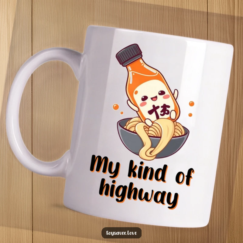 Funny anthropomorphic soy sauce bottle sliding down a long noodle, captured on a mug for a humorous culinary-themed design.