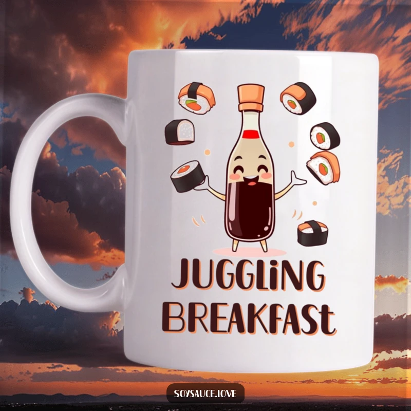Funny soy sauce mug with a smiling bottle character expertly juggling various sushi pieces, showcasing culinary talent.