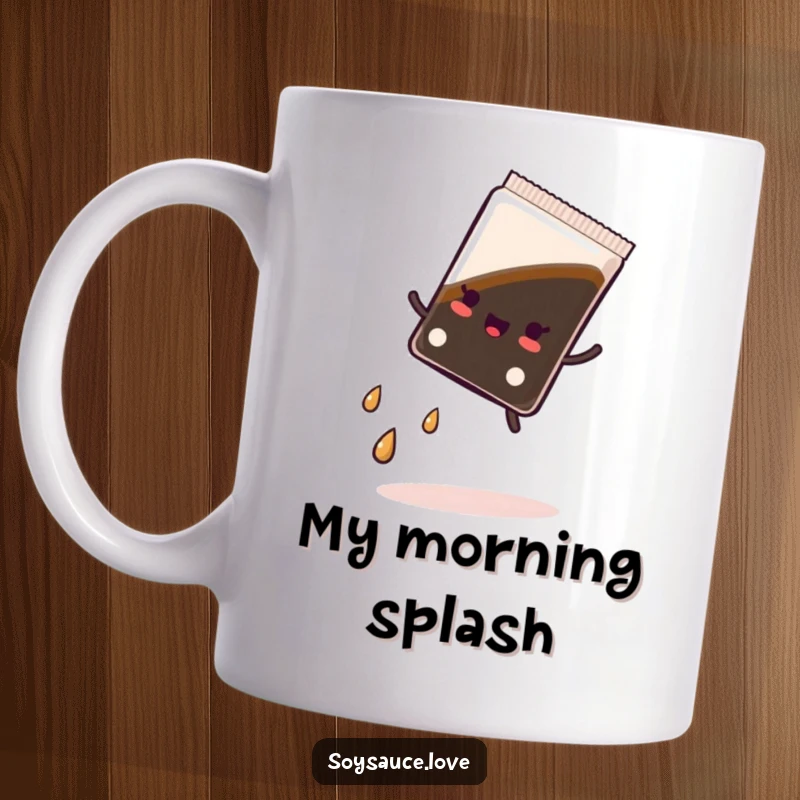 Funny mug featuring a kawaii soy sauce packet doing a cartwheel with a playful trail of tiny droplets, expressing energetic fun.