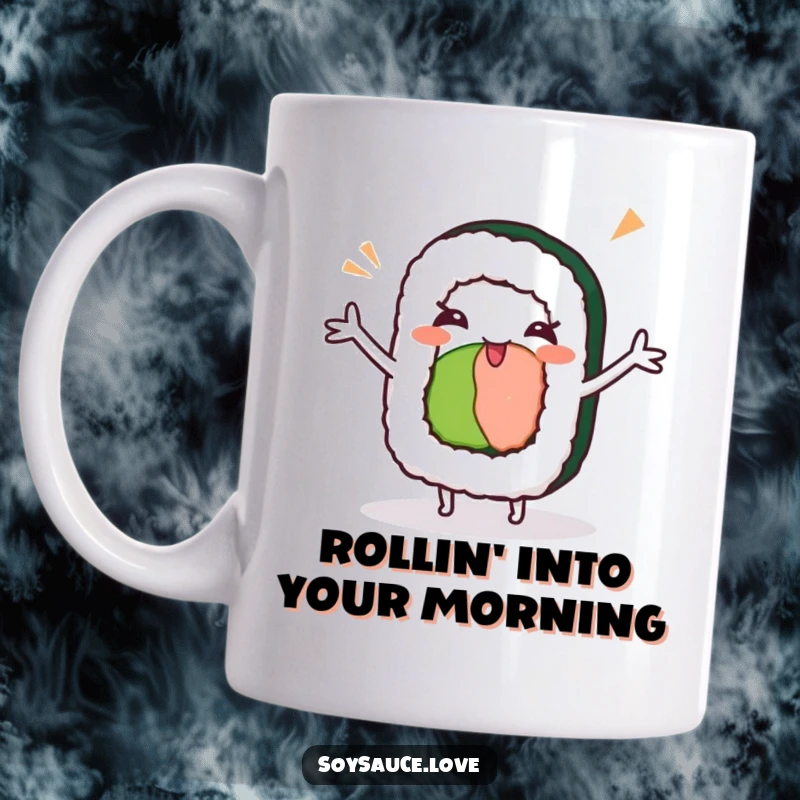 Funny kawaii sushi roll with arms outstretched, doing a silly dance and winking, joyful and humorous mug design.