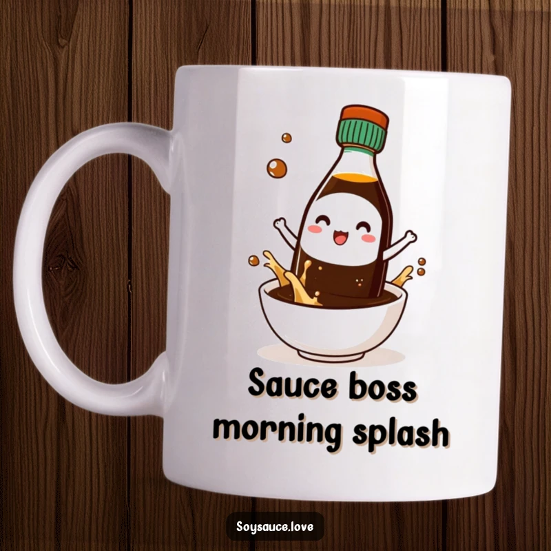 Funny mug featuring a cute kawaii soy sauce bottle character gleefully splashing into a small bowl, bringing joy.
