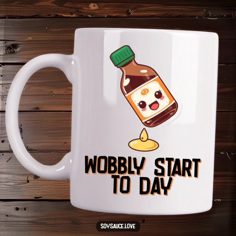 Funny soy sauce bottle mug showing a character comically slipping on a liquid drop, capturing a moment of slapstick humor.