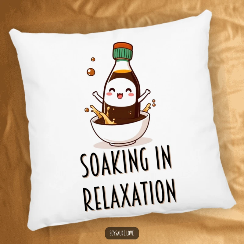 Funny pillow with a cute kawaii soy sauce bottle character joyfully splashing into a tiny bowl, perfect for comfort.