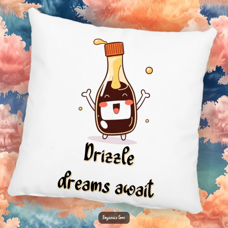Funny kawaii soy sauce bottle pillow, showcasing a cheerful bottle enthusiastically offering a splash, designed for comfort and humorous appeal.