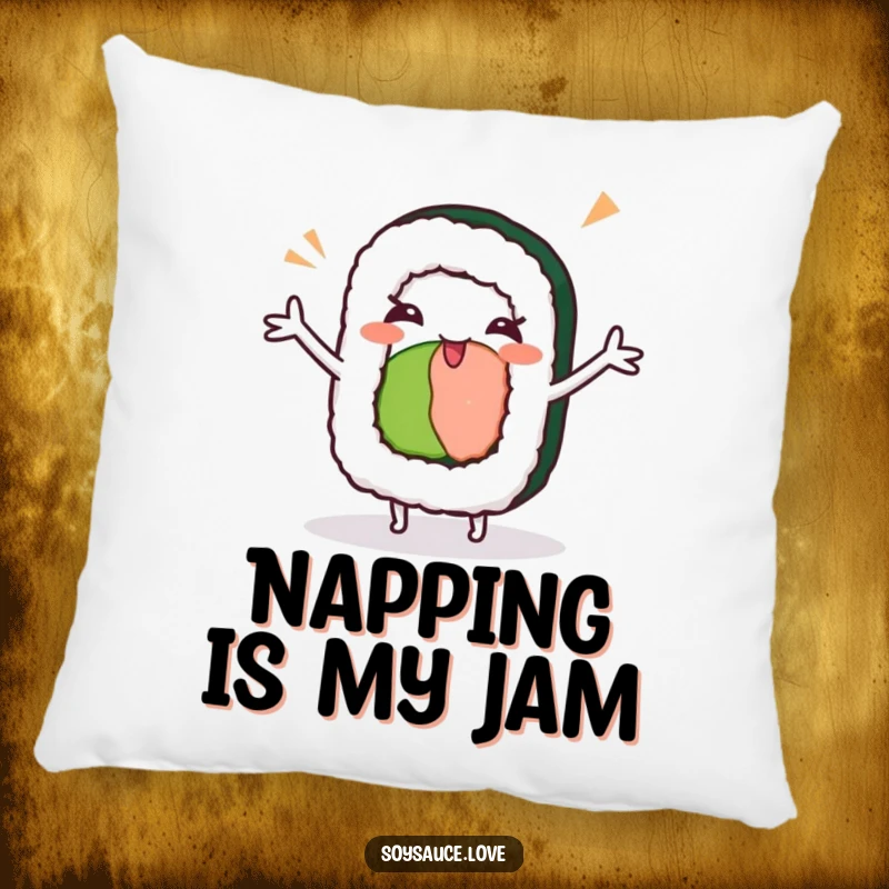 Funny kawaii sushi roll with arms outstretched, doing a silly dance and winking, soft and humorous decorative pillow.