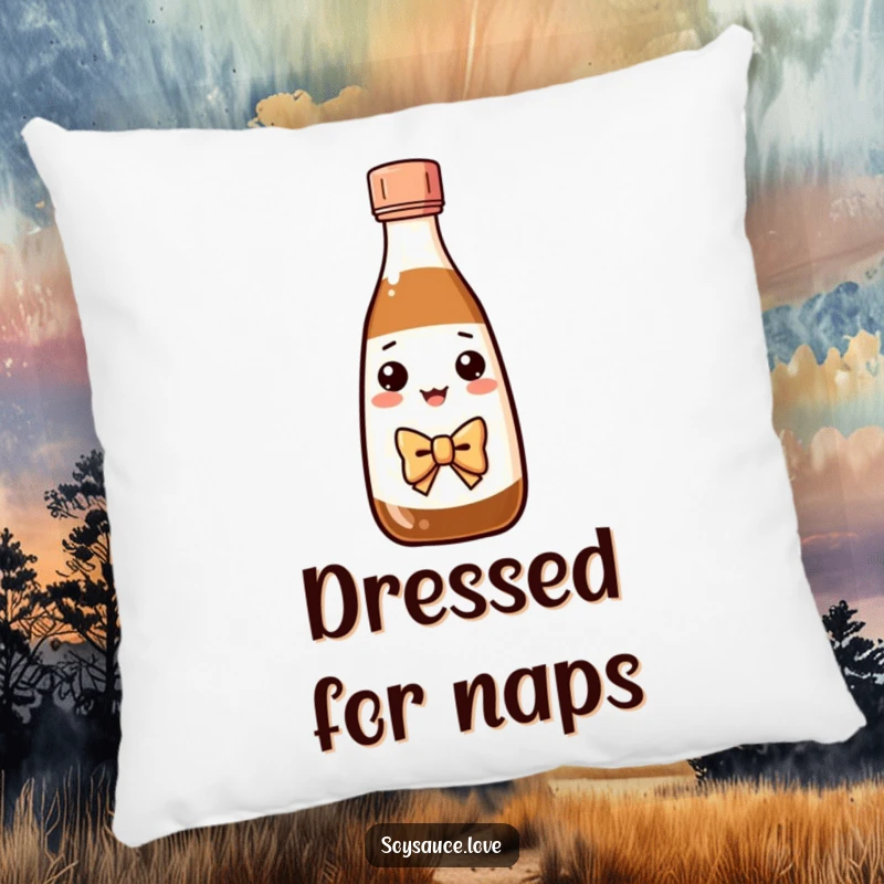 Funny Kawaii soy sauce bottle with a bow tie bowing elegantly on a soft pillow.