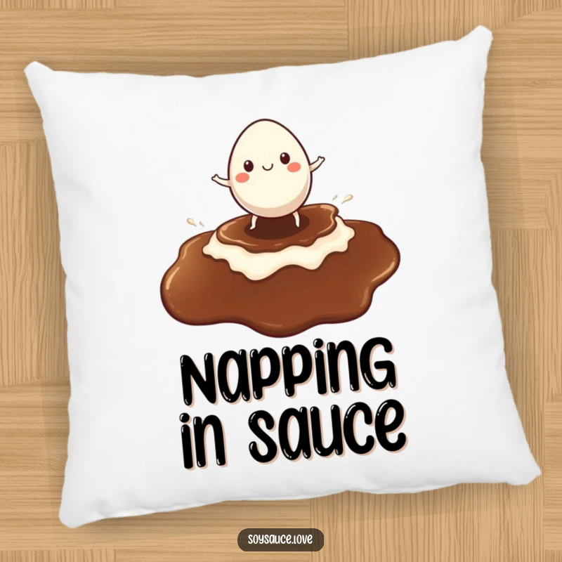 Funny pillow with a cheerful egg character surfing a soy sauce puddle, offering comfort and a playful, breakfast-themed vibe.