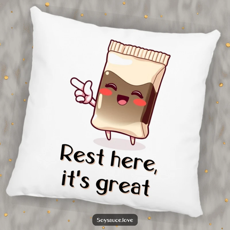 Funny pillow featuring a giggling kawaii soy sauce packet pointing with an excited flourish, perfect for adding comfort and humor.