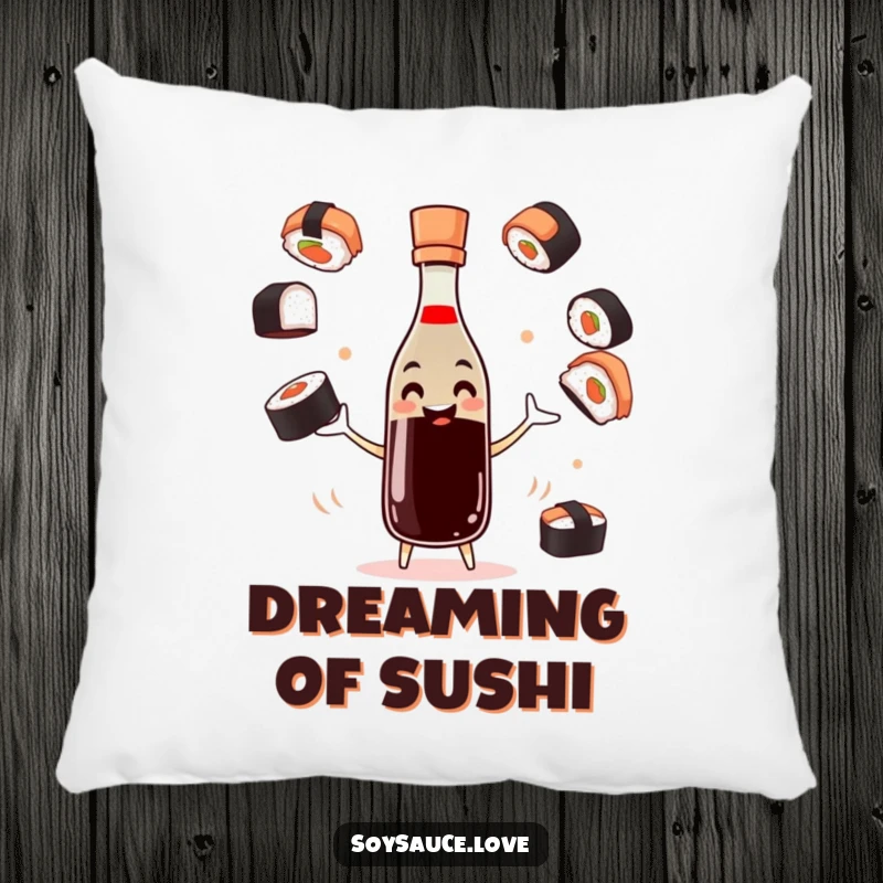 Funny soy sauce pillow with a smiling bottle character juggling sushi pieces, offering comfort and culinary charm.