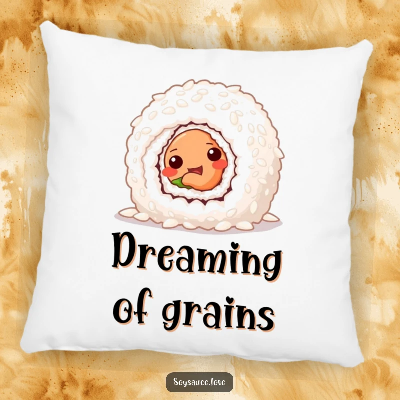 Funny pillow with a mischievous sushi roll peeking out from behind a large grain of rice, offering a cute and humorous design.