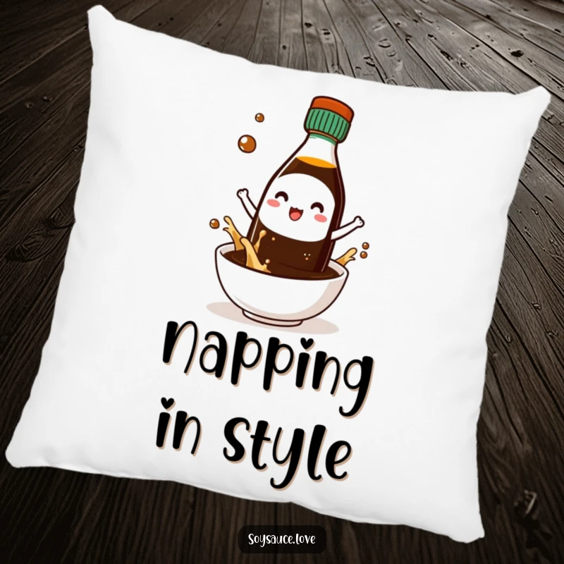 Funny pillow with a cute kawaii soy sauce bottle character wearing tiny sunglasses, looking cool and comfortable.