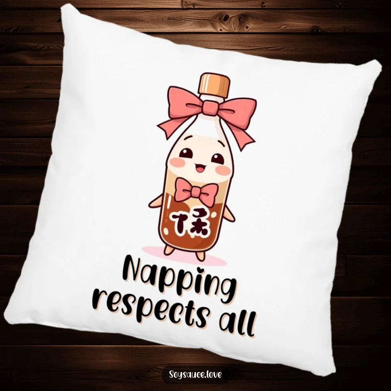 Funny soy sauce bottle character in a deep, exaggerated bow, displayed on a plush pillow for humorous and cozy home decor.