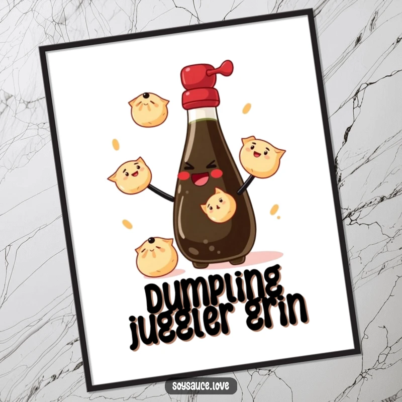 Funny Digital Art: An illustration of a soy sauce bottle smiling and juggling dumplings, ready to bring a smile.