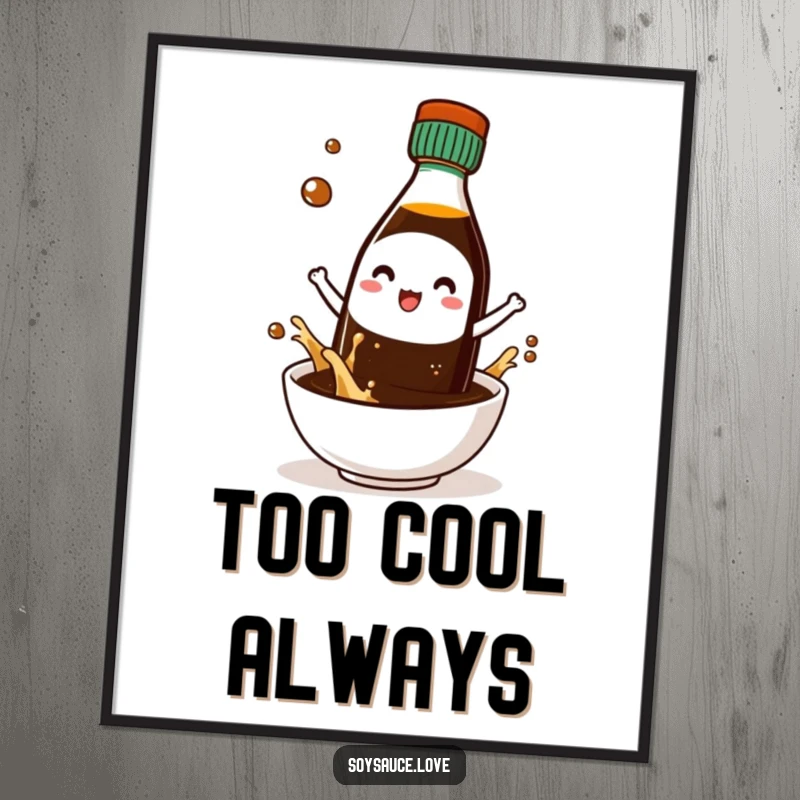 Funny digital art print of a kawaii soy sauce bottle character wearing tiny sunglasses, looking cool and hip.