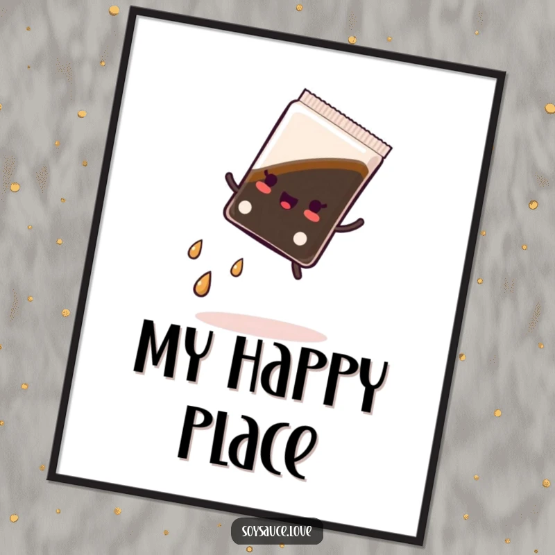 Funny digital art print of a kawaii soy sauce packet doing a cartwheel with a trail of tiny droplets, bursting with playful energy.