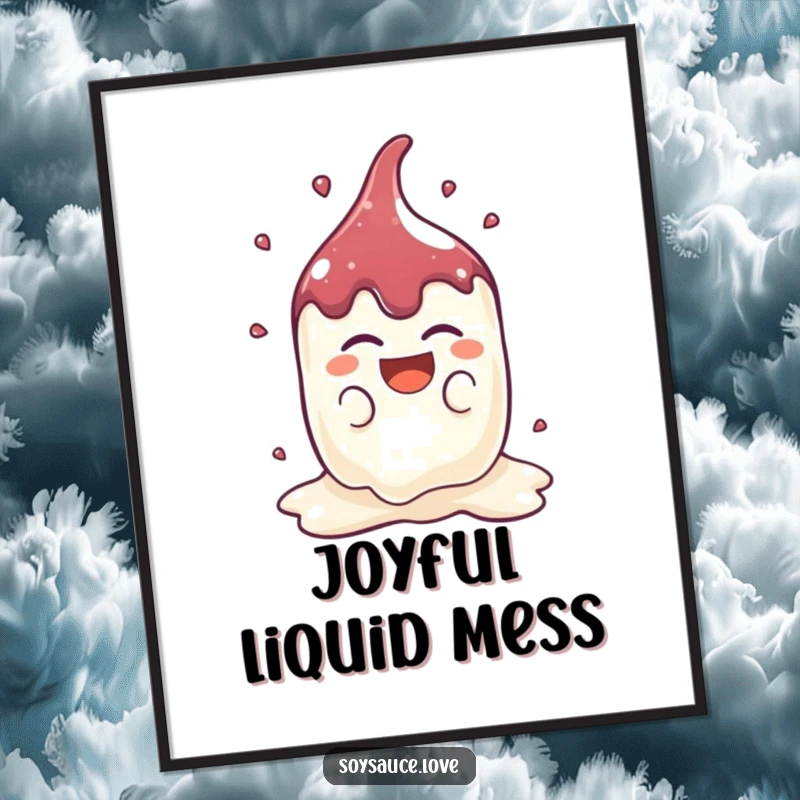 Funny Kawaii Soy Sauce Digital Art Print: A cute soy sauce splat character laughs heartily, bringing instant joyful decor and condiment humor.