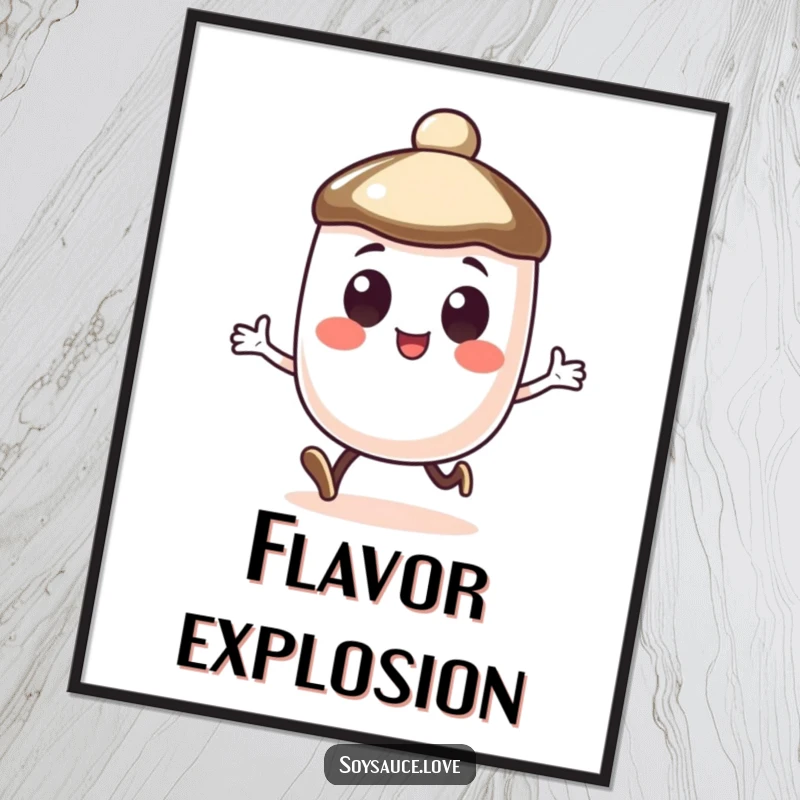 Funny digital art print of a soy sauce cap character with large, happy eyes doing a little hop.