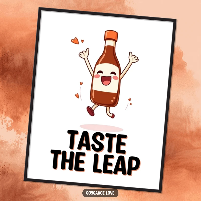 Funny Digital Art Print of a joyful soy sauce bottle in a celebratory jump, dripping happily.