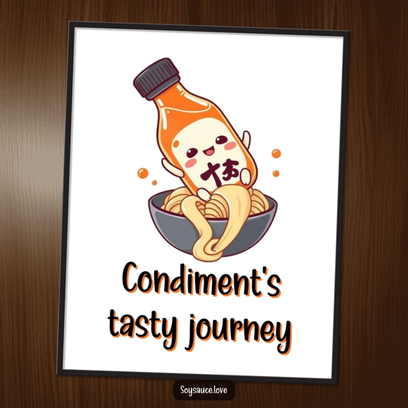 Funny soy sauce bottle character making a slippery descent down a noodle, rendered as a vibrant digital art print for humorous display.