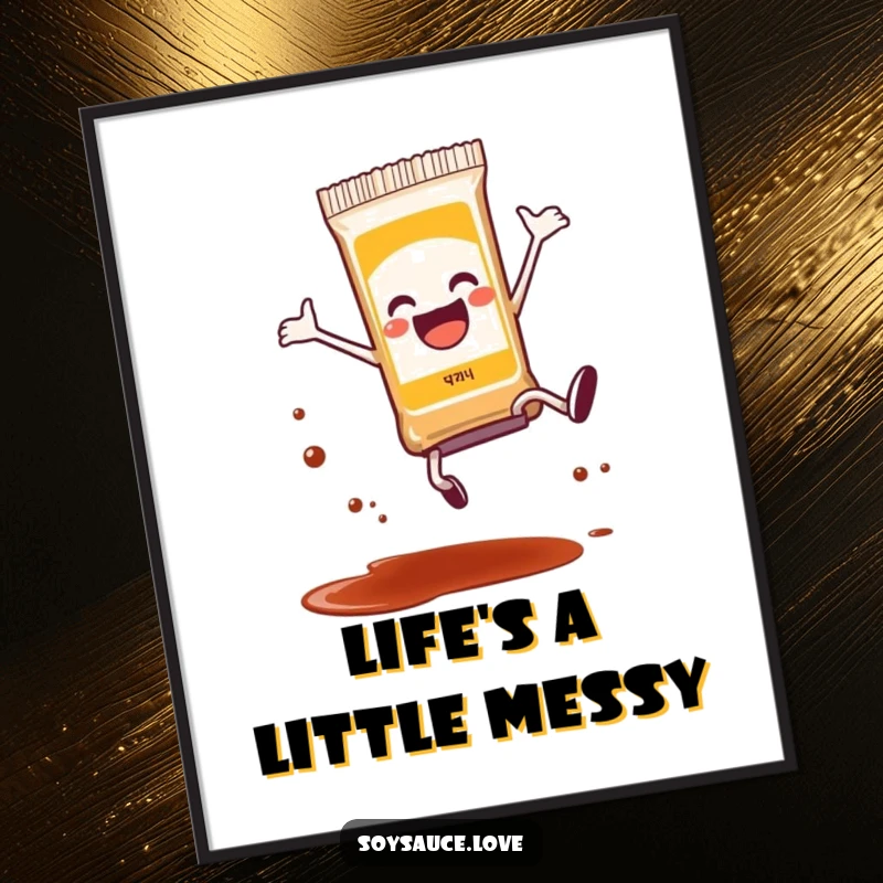 Funny anthropomorphic soy sauce packet doing a joyful cartwheel, with a tiny bit of splatter, dynamic digital art print.