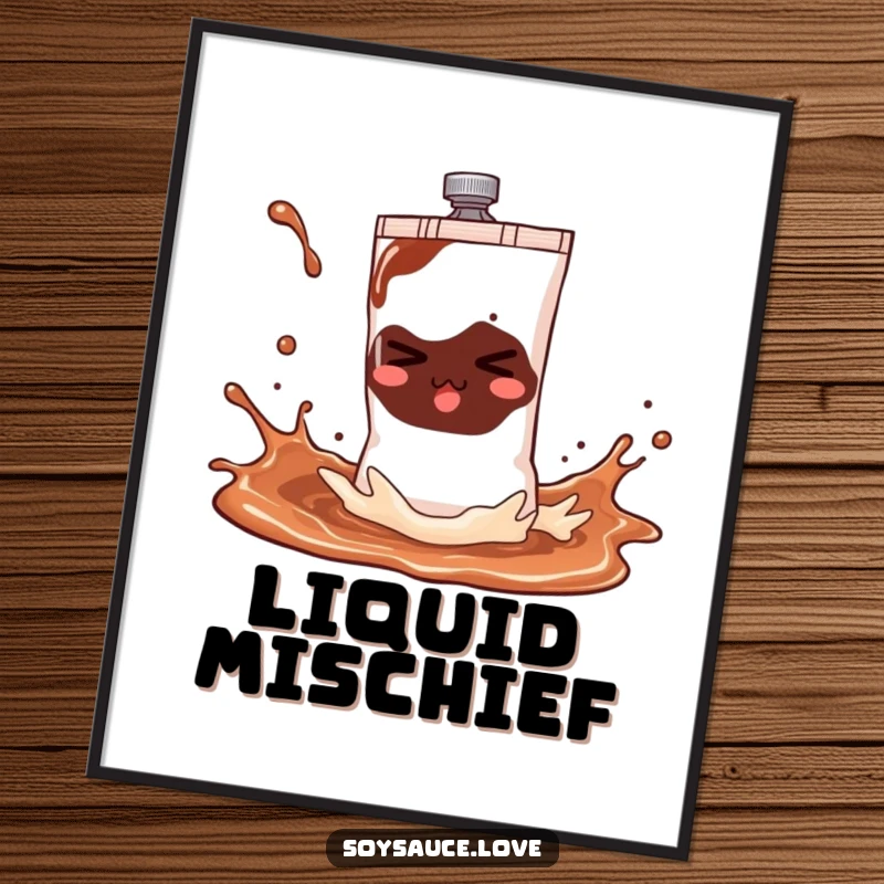 Funny soy sauce sachet digital art print capturing a mischievous character mid-splash, offering instant humorous decoration for any space.