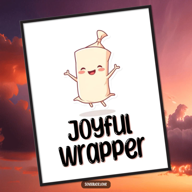 Funny digital art print of a smiling wonton wrapper character joyfully twirling, adding a cheerful and energetic vibe.
